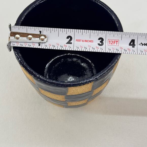 Handmade Studio Art Pottery Checkered Planter Navy Blue & Brown 3.5" Tall - Picture 4 of 5